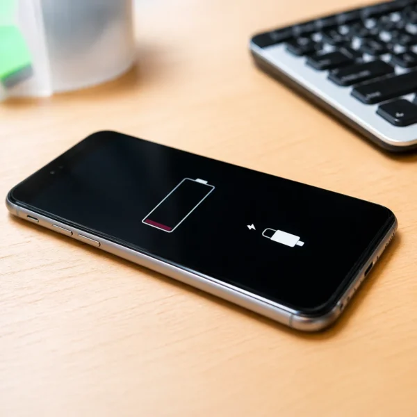 A cell phone on a desk with a low battery warning