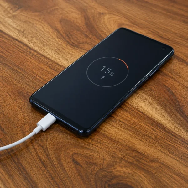 A cell phone with a charger inserted but not actively charging